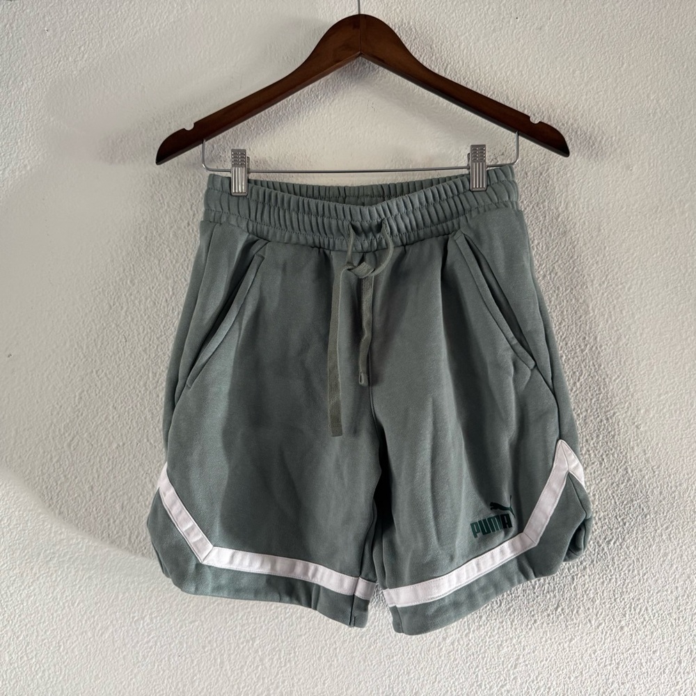 PUMA Fleece Dolphin Hem Shorts Small Green White Striped Athleisure Streetwear - Picture 12 of 15